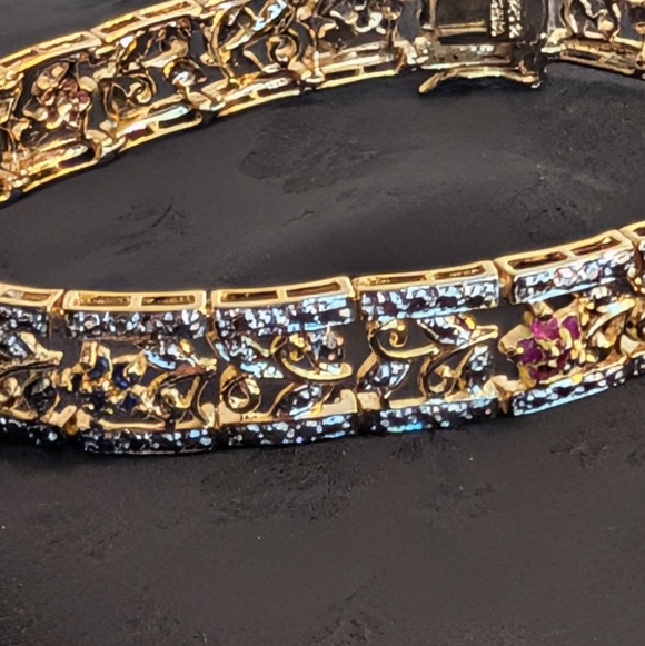 Gold Plated Solid Sterling Silver Ruby Sapphire Emerald Bracelet Floral Design - Picture 10 of 13